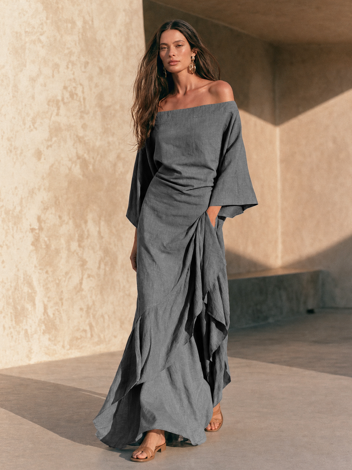 AURE - VESTIDO LARGO PALABRA DE HONOR CON VOLANTES