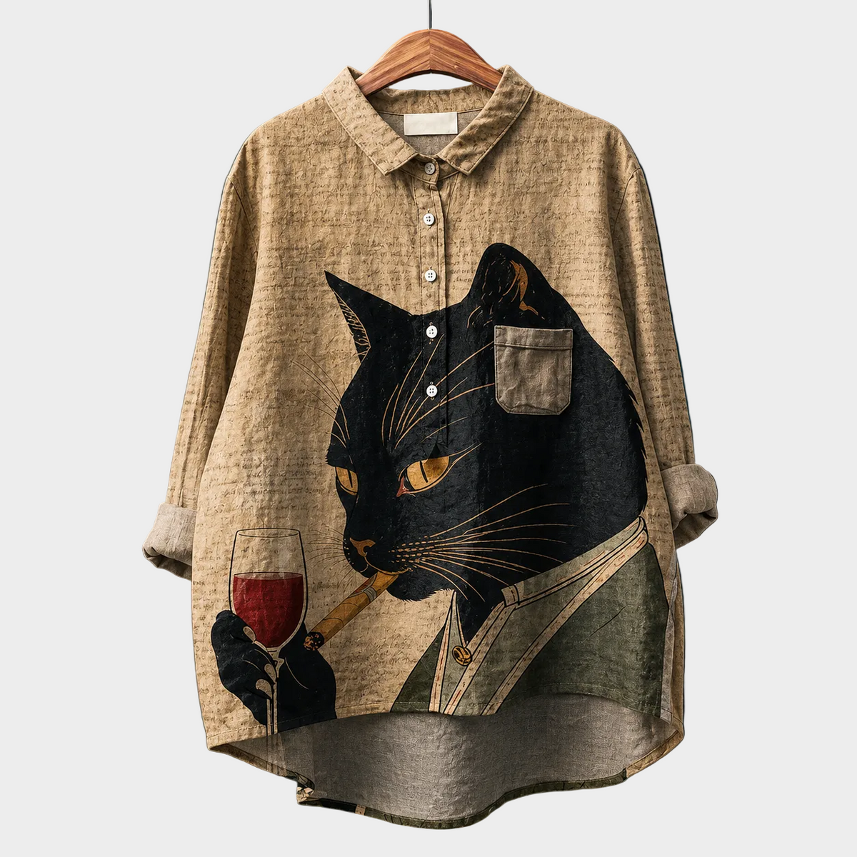 BLUSA BEIGE CON GATO NEGRO