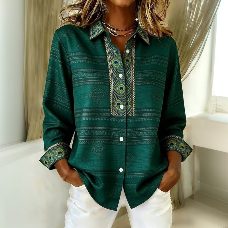 ESMERALDA - BLUSA CON ESTAMPADO DE PLUMAS DE PAVO REAL