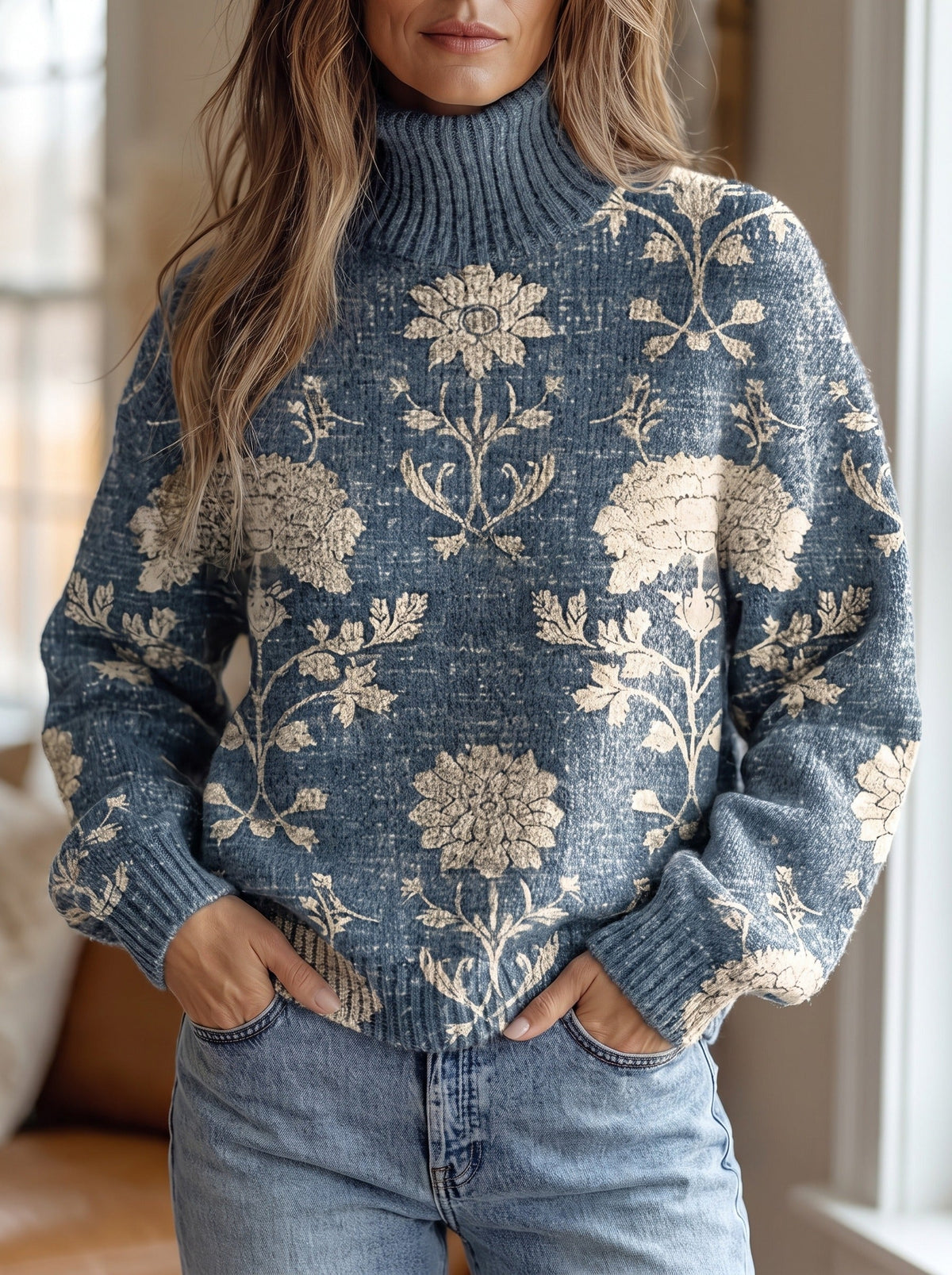SOLVEIG - JERSEY DE CUELLO ALTO CON ESTAMPADO ÍNDIGO