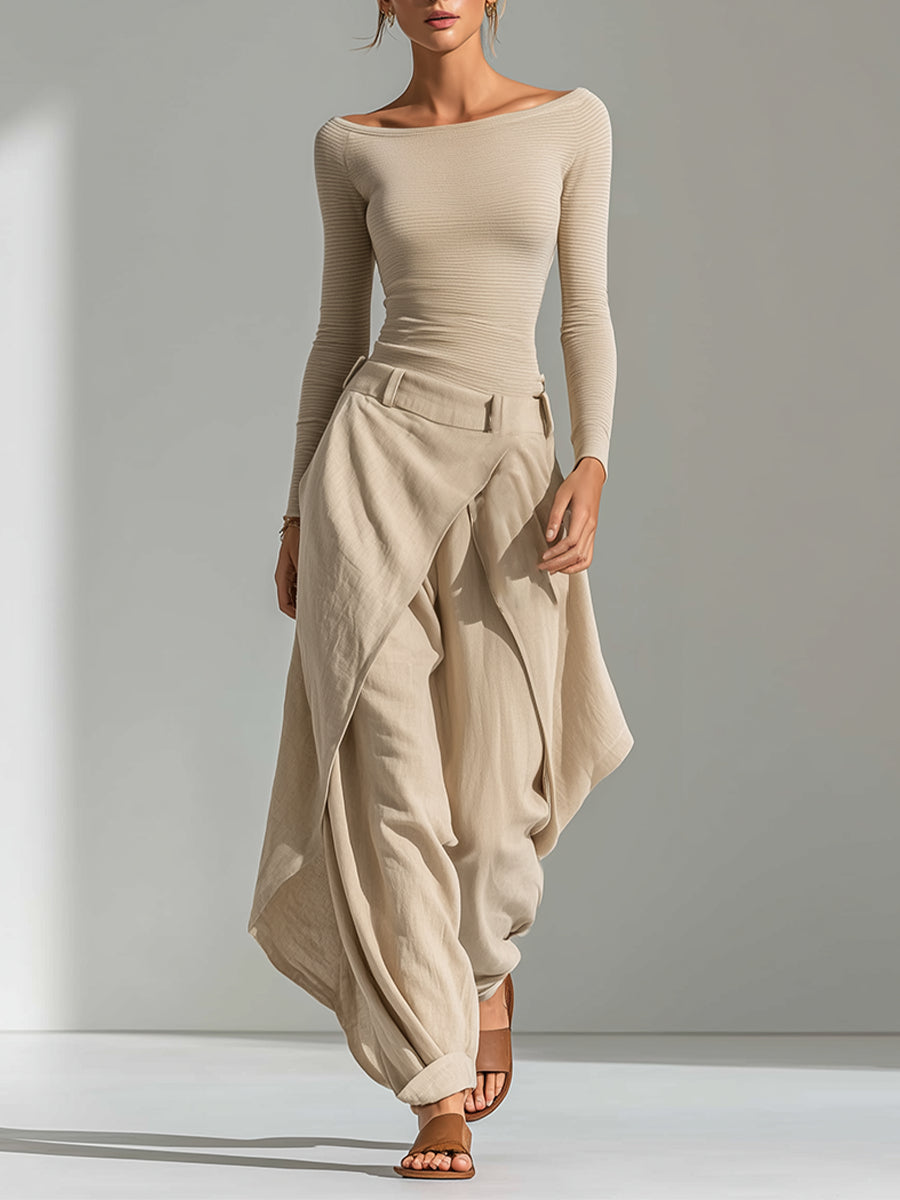AMANDINE - CONJUNTO BEIGE CON ESCOTE BARCO Y PANTALÓN ANCHO