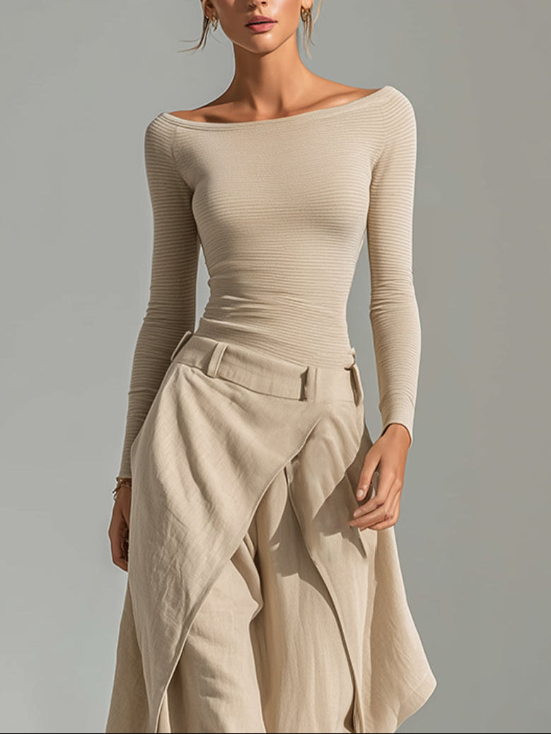 AMANDINE - CONJUNTO BEIGE CON ESCOTE BARCO Y PANTALÓN ANCHO