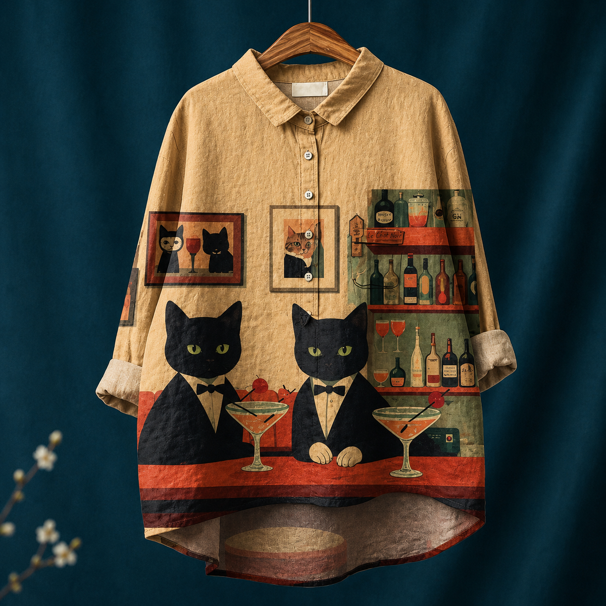 BLUSA BEIGE CON GATOS ELEGANTES
