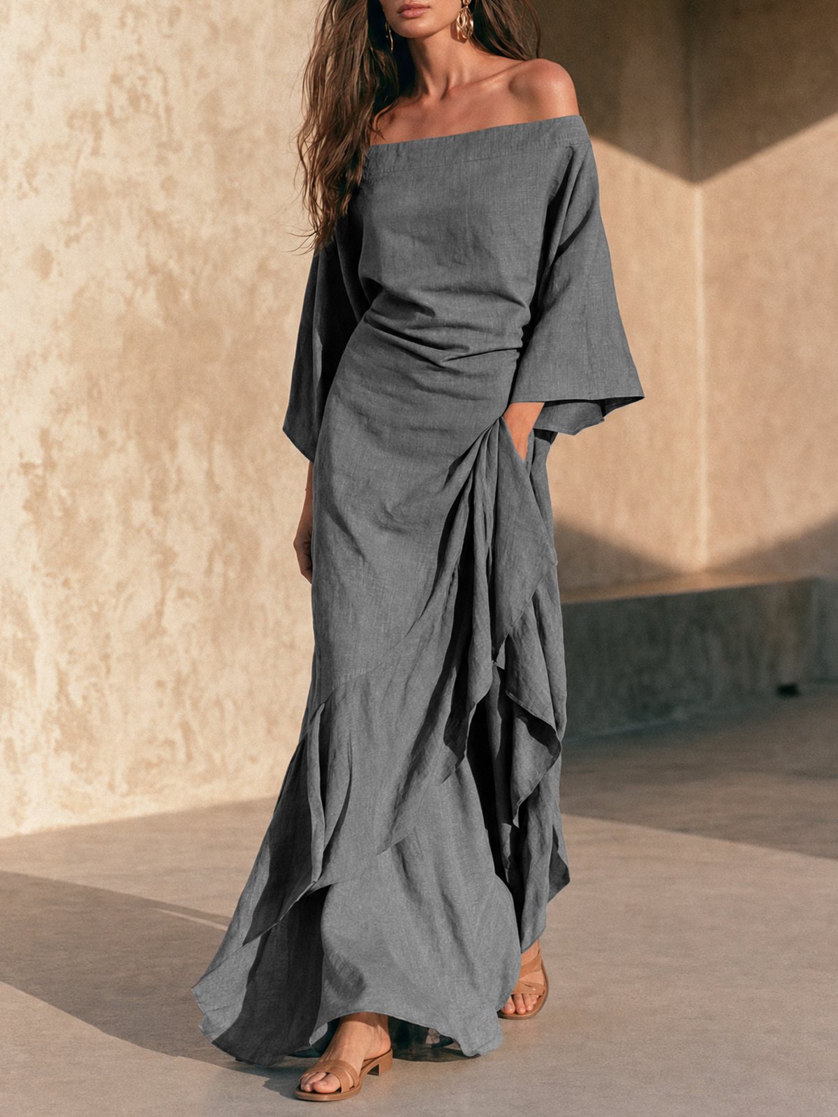 AURE - VESTIDO LARGO PALABRA DE HONOR CON VOLANTES