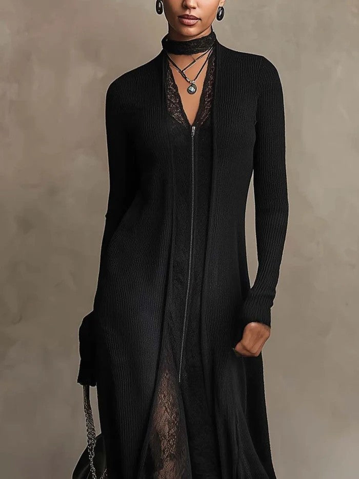 SABINE - VESTIDO LARGO DE PUNTO ACANALADO CON ENCAJE