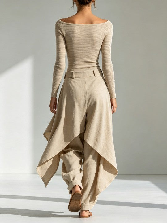 AMANDINE - CONJUNTO BEIGE CON ESCOTE BARCO Y PANTALÓN ANCHO