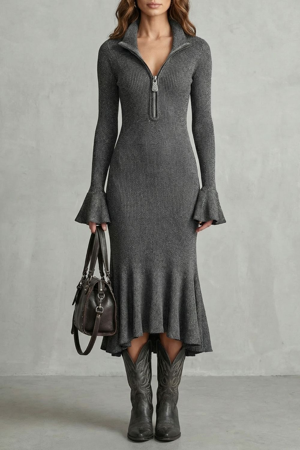 VELORIA - VESTIDO MIDI DE PUNTO CON MANGAS ACAMPANADAS