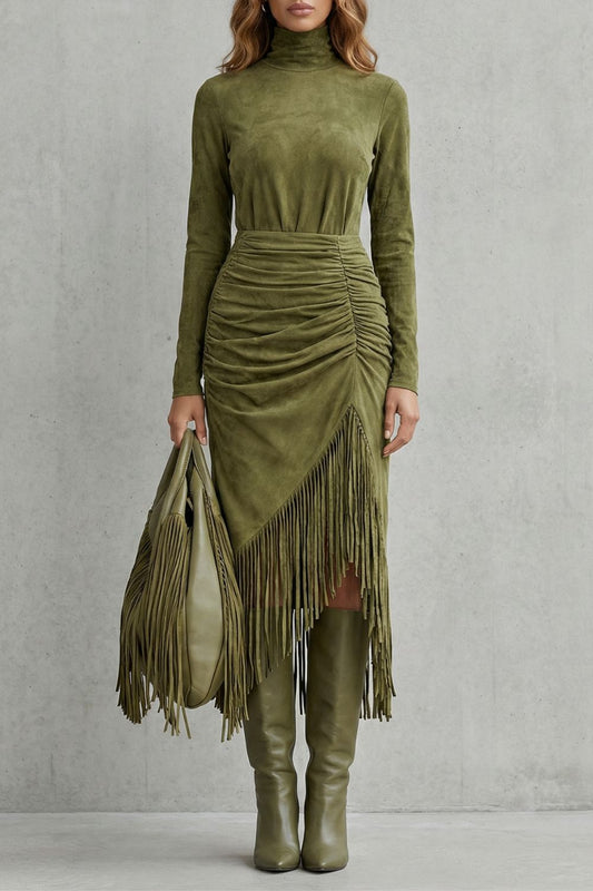 VERDIANA - VESTIDO MIDI EFECTO ANTE CON FLECOS