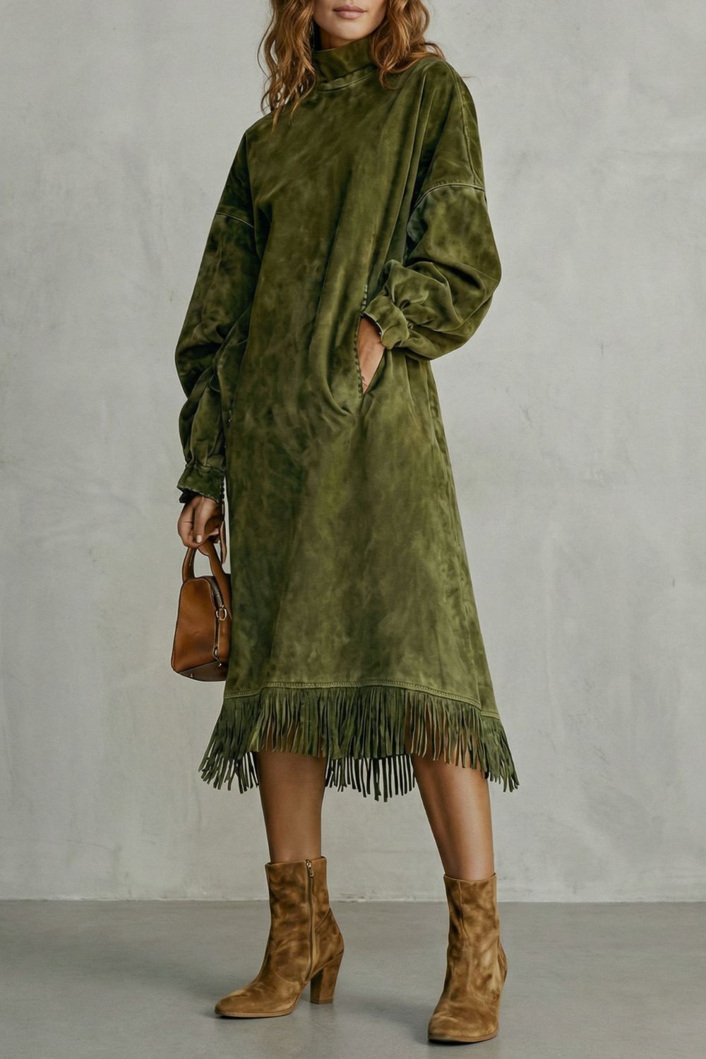 VALDRINA - VESTIDO MIDI EFECTO ANTE DE CUELLO ALTO