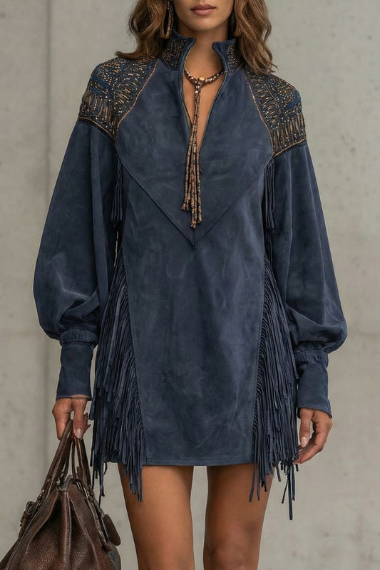 CALVETTA - MINIVESTIDO TÚNICA CON FLECOS BORDADOS