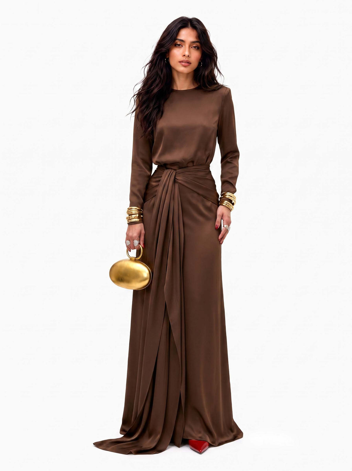 ELEGANTE VESTIDO MAXI DE SATÉN DRAPEADO