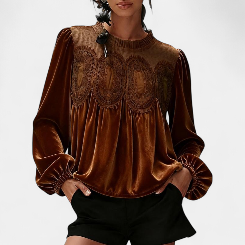 ISABELLA - BLUSA ACAMPANADA DE ENCAJE CON RIBETE DE TERCIOPELO