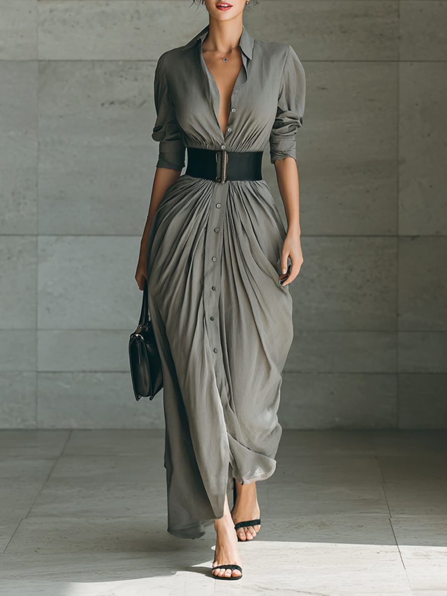 OPHÉLIE - VESTIDO LARGO PLISADO CON CUELLO