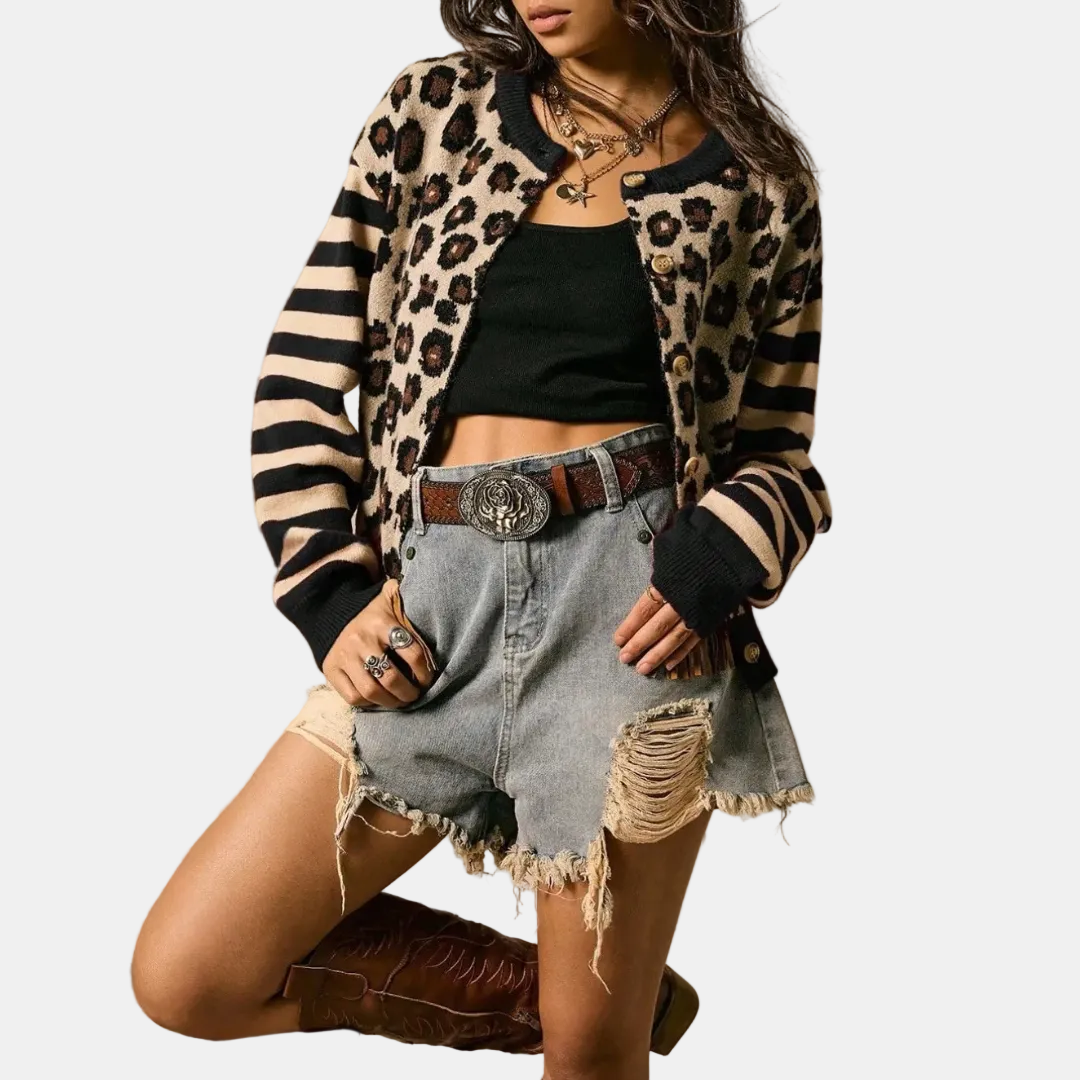 ODILE - CÁRDIGAN DE PUNTO ANIMAL PRINT CON MANGAS DE RAYAS