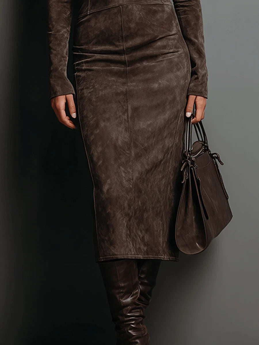 LORÈNE - VESTIDO MIDI EFECTO ANTE DE CUELLO ALTO