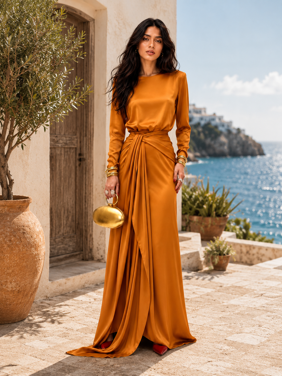 ELEGANTE VESTIDO MAXI DE SATÉN DRAPEADO