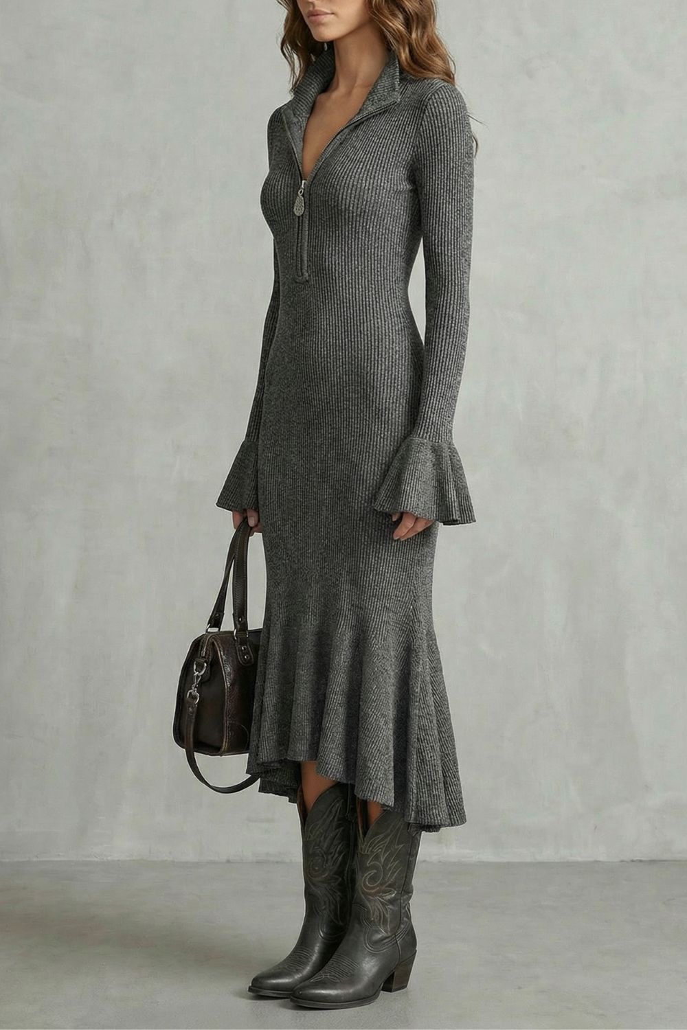 VELORIA - VESTIDO MIDI DE PUNTO CON MANGAS ACAMPANADAS