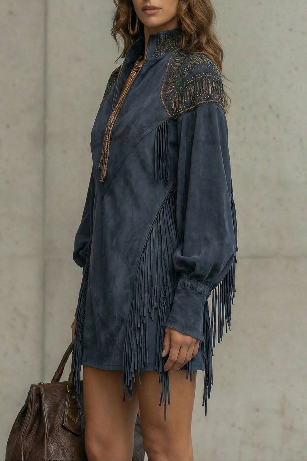 CALVETTA - MINIVESTIDO TÚNICA CON FLECOS BORDADOS