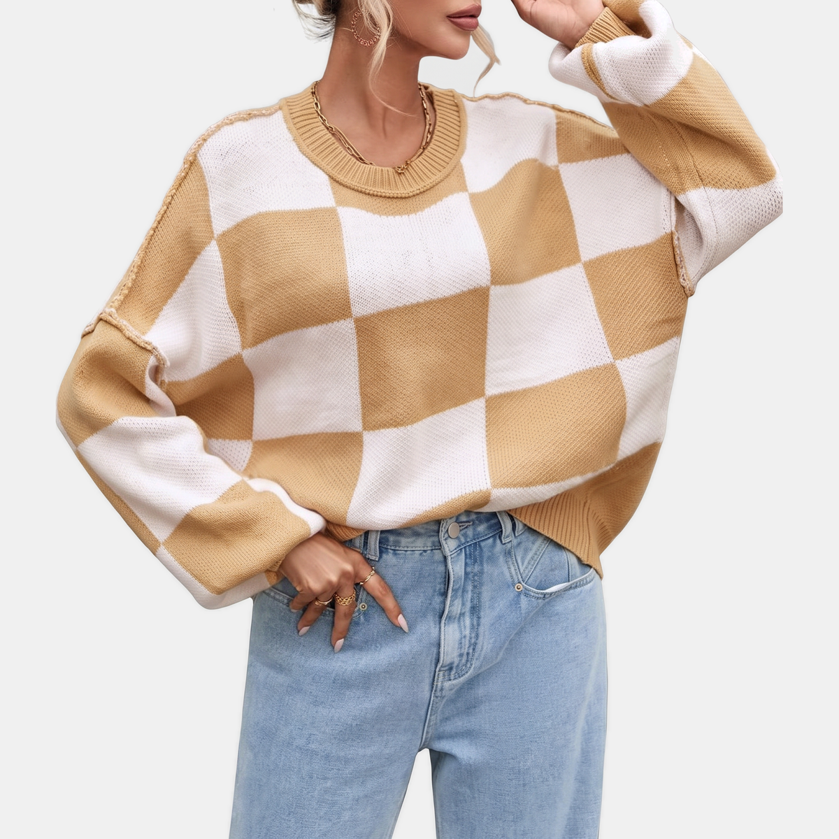 OTTILIA - JERSEY DE CUADROS CON MANGAS ABULLONADAS