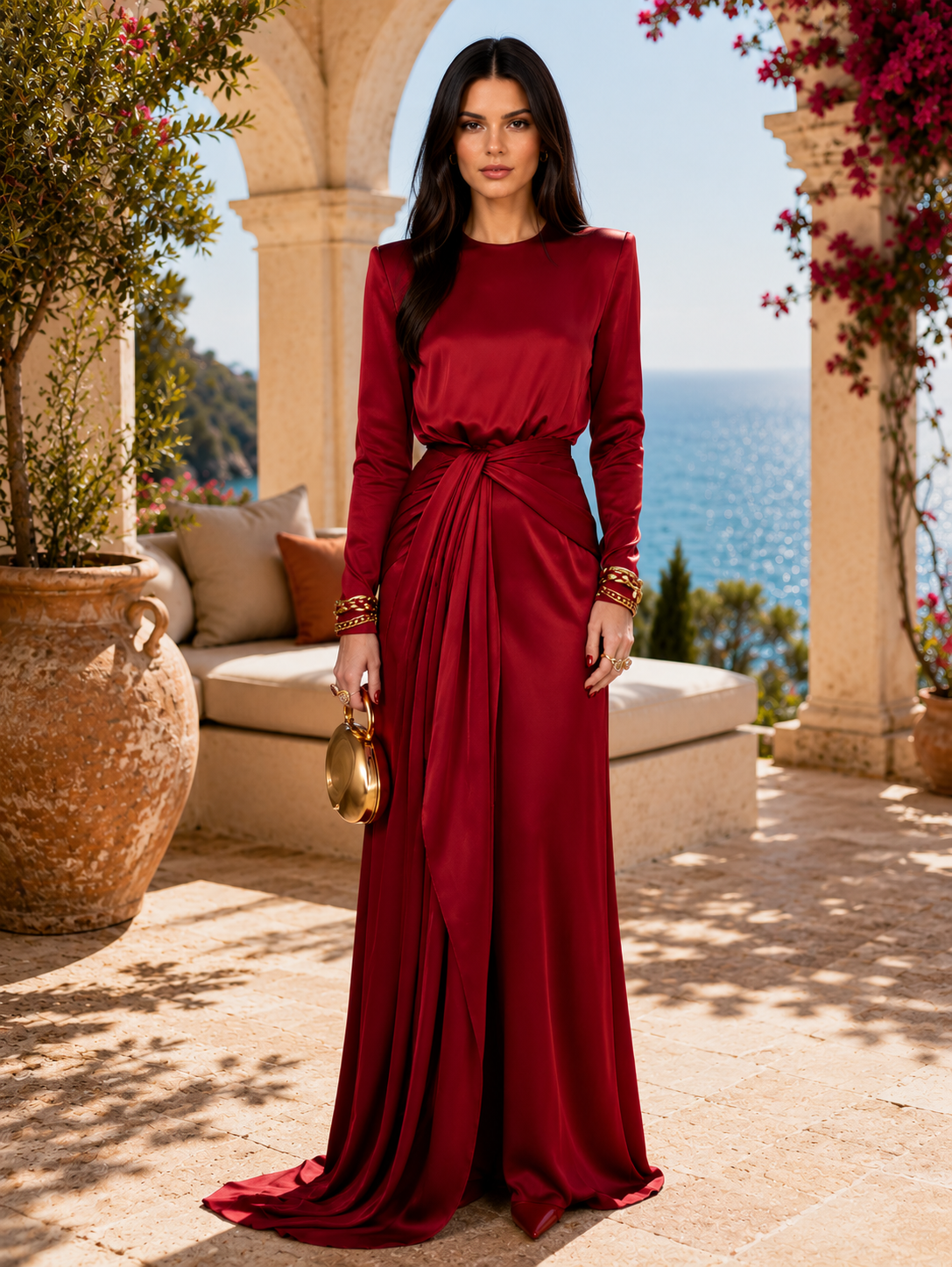 ELEGANTE VESTIDO MAXI DE SATÉN DRAPEADO