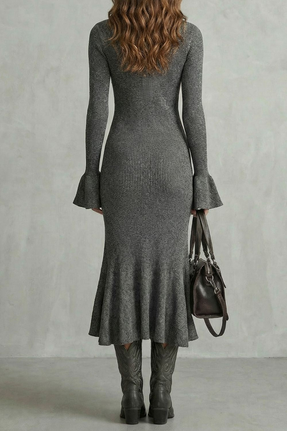VELORIA - VESTIDO MIDI DE PUNTO CON MANGAS ACAMPANADAS