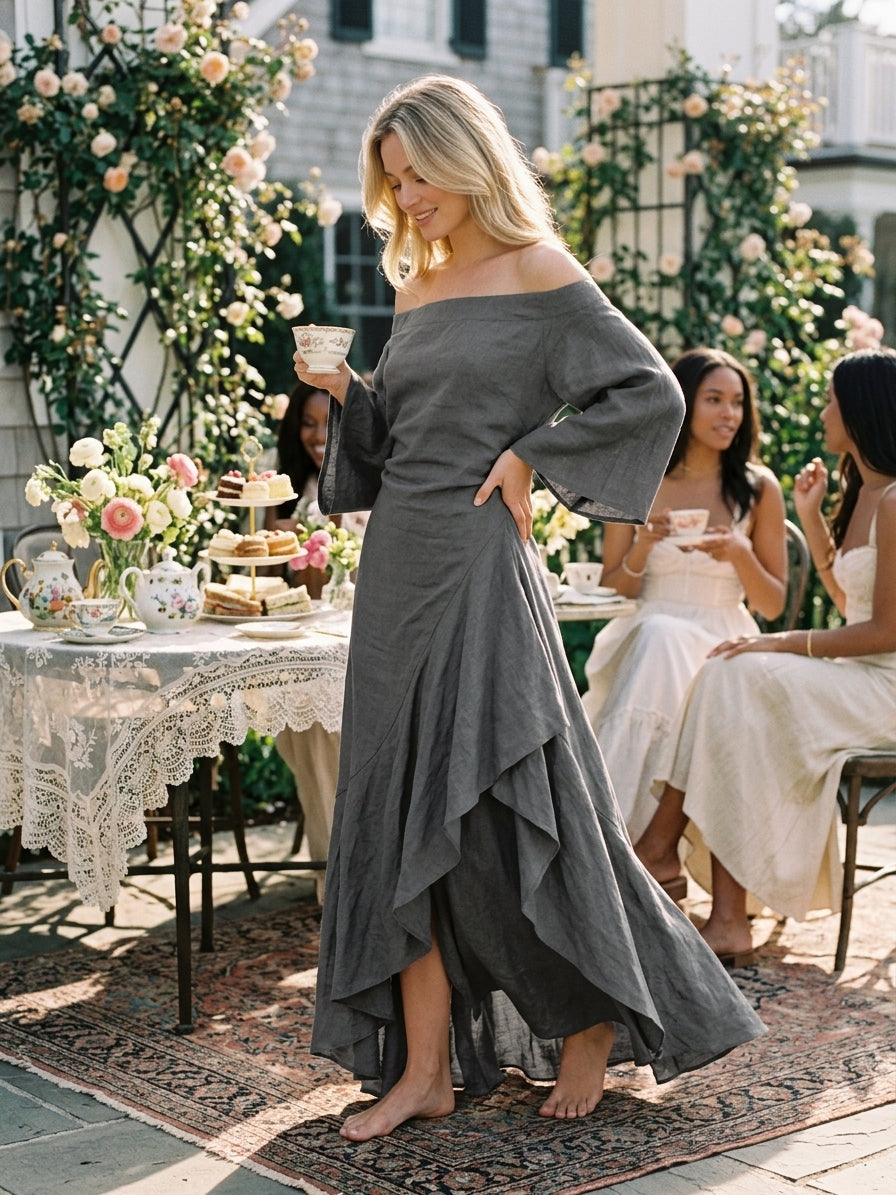 AURE - VESTIDO LARGO PALABRA DE HONOR CON VOLANTES