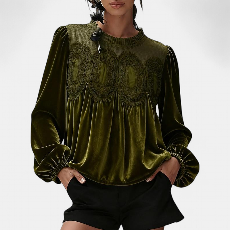 ISABELLA - BLUSA ACAMPANADA DE ENCAJE CON RIBETE DE TERCIOPELO