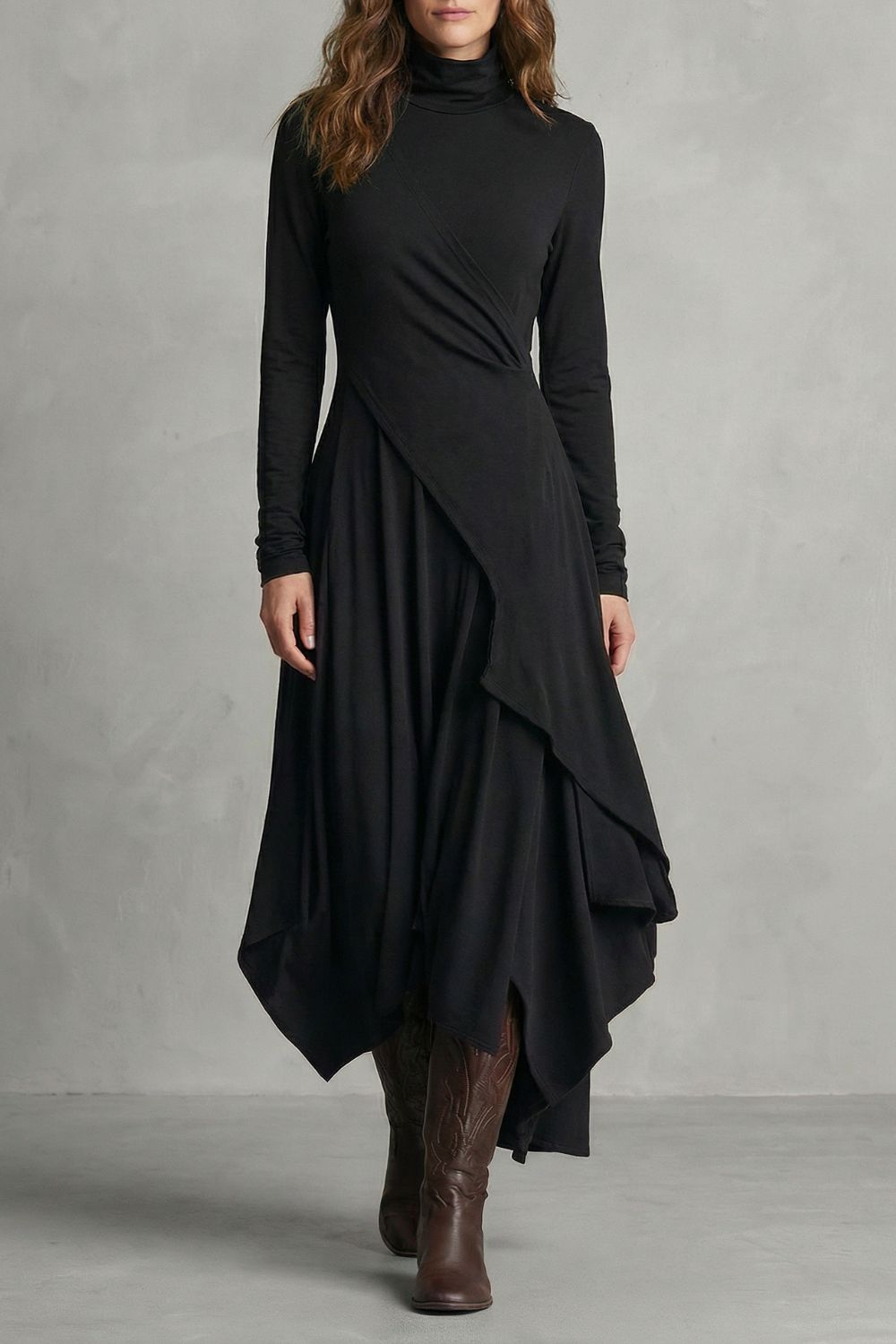 SORELLIA - VESTIDO MIDI DRAPEADO DE CUELLO ALTO