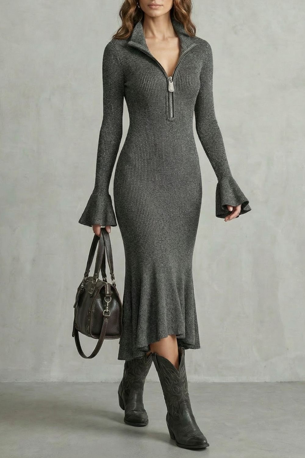 VELORIA - VESTIDO MIDI DE PUNTO CON MANGAS ACAMPANADAS