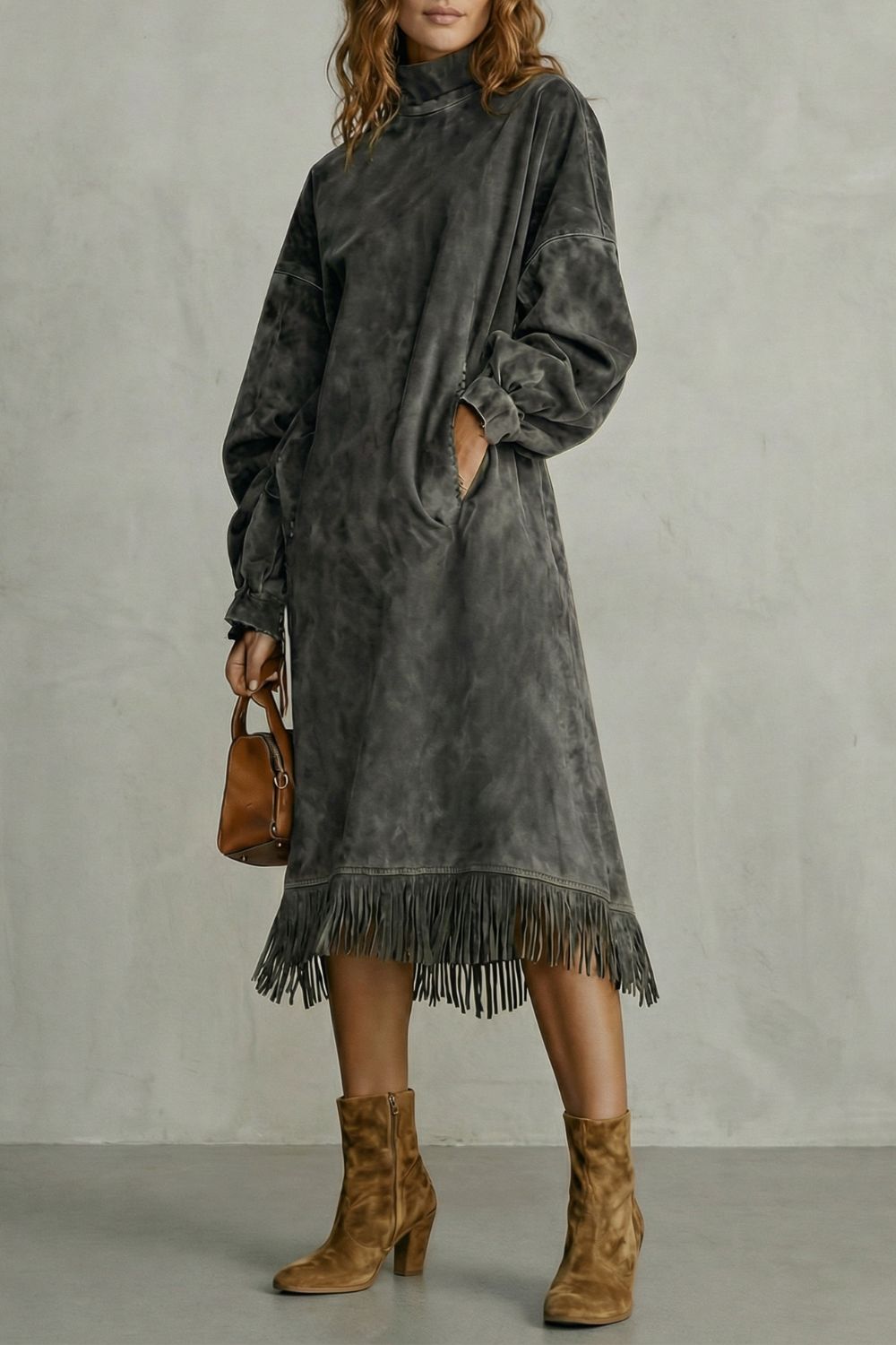 VALDRINA - VESTIDO MIDI EFECTO ANTE DE CUELLO ALTO