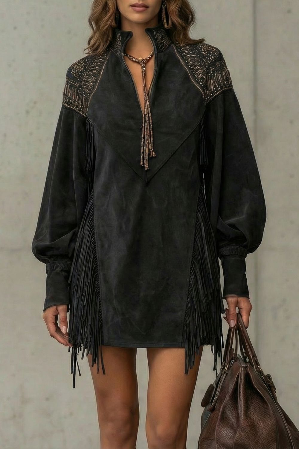 CALVETTA - MINIVESTIDO TÚNICA CON FLECOS BORDADOS
