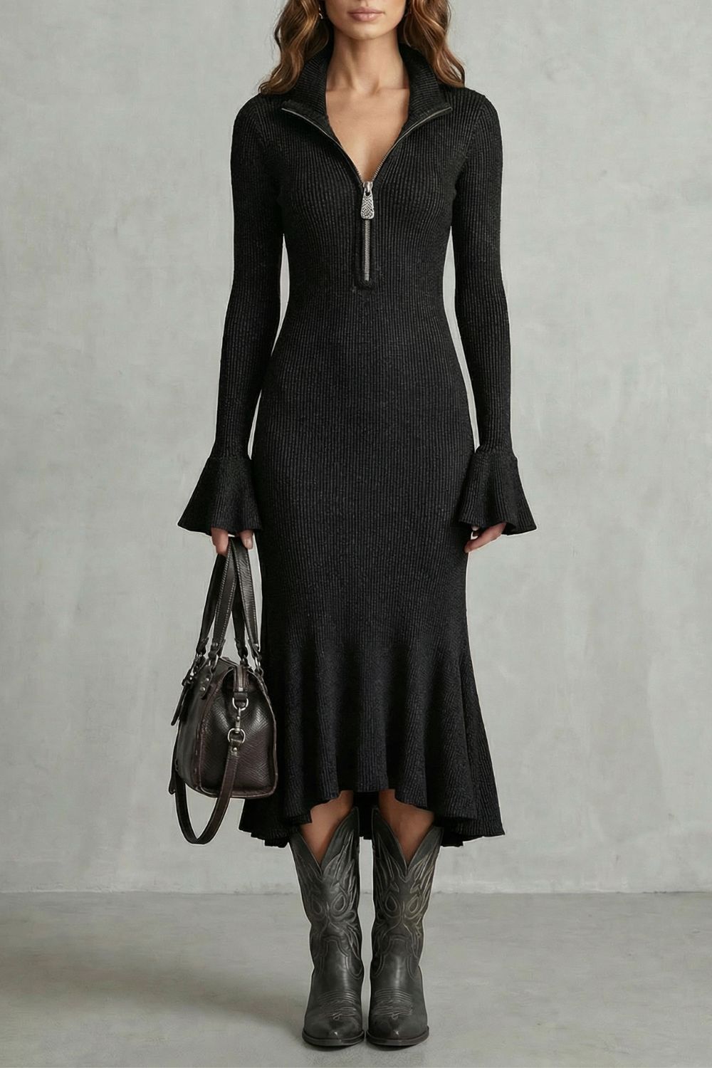 VELORIA - VESTIDO MIDI DE PUNTO CON MANGAS ACAMPANADAS