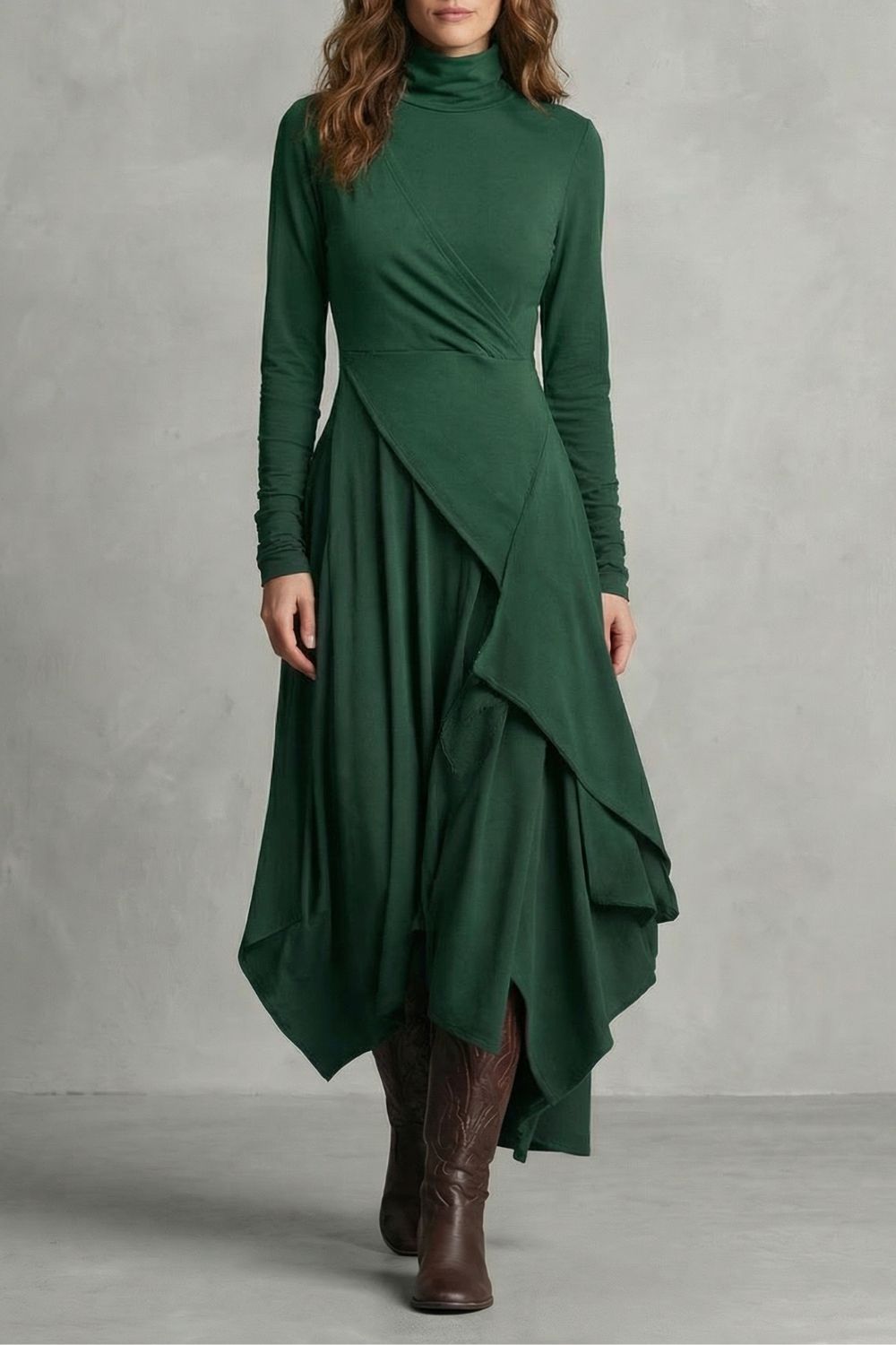 SORELLIA - VESTIDO MIDI DRAPEADO DE CUELLO ALTO