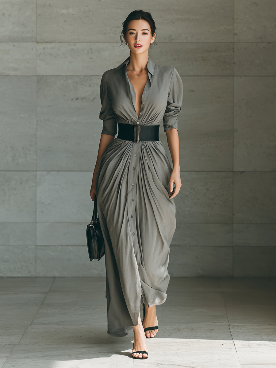 OPHÉLIE - VESTIDO LARGO PLISADO CON CUELLO