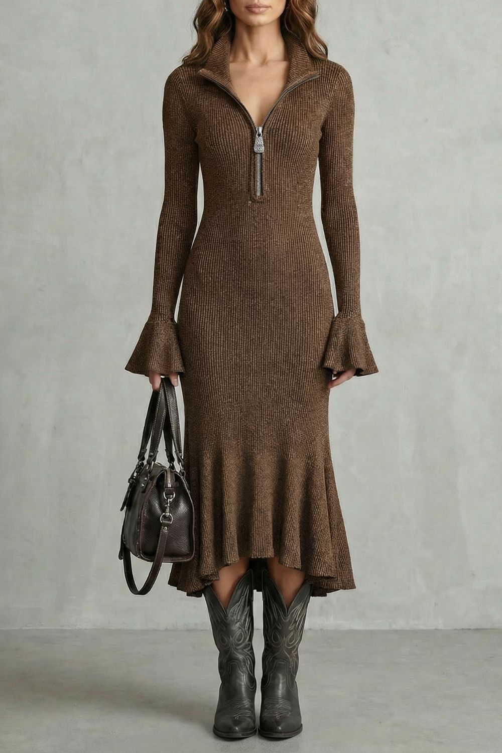 VELORIA - VESTIDO MIDI DE PUNTO CON MANGAS ACAMPANADAS