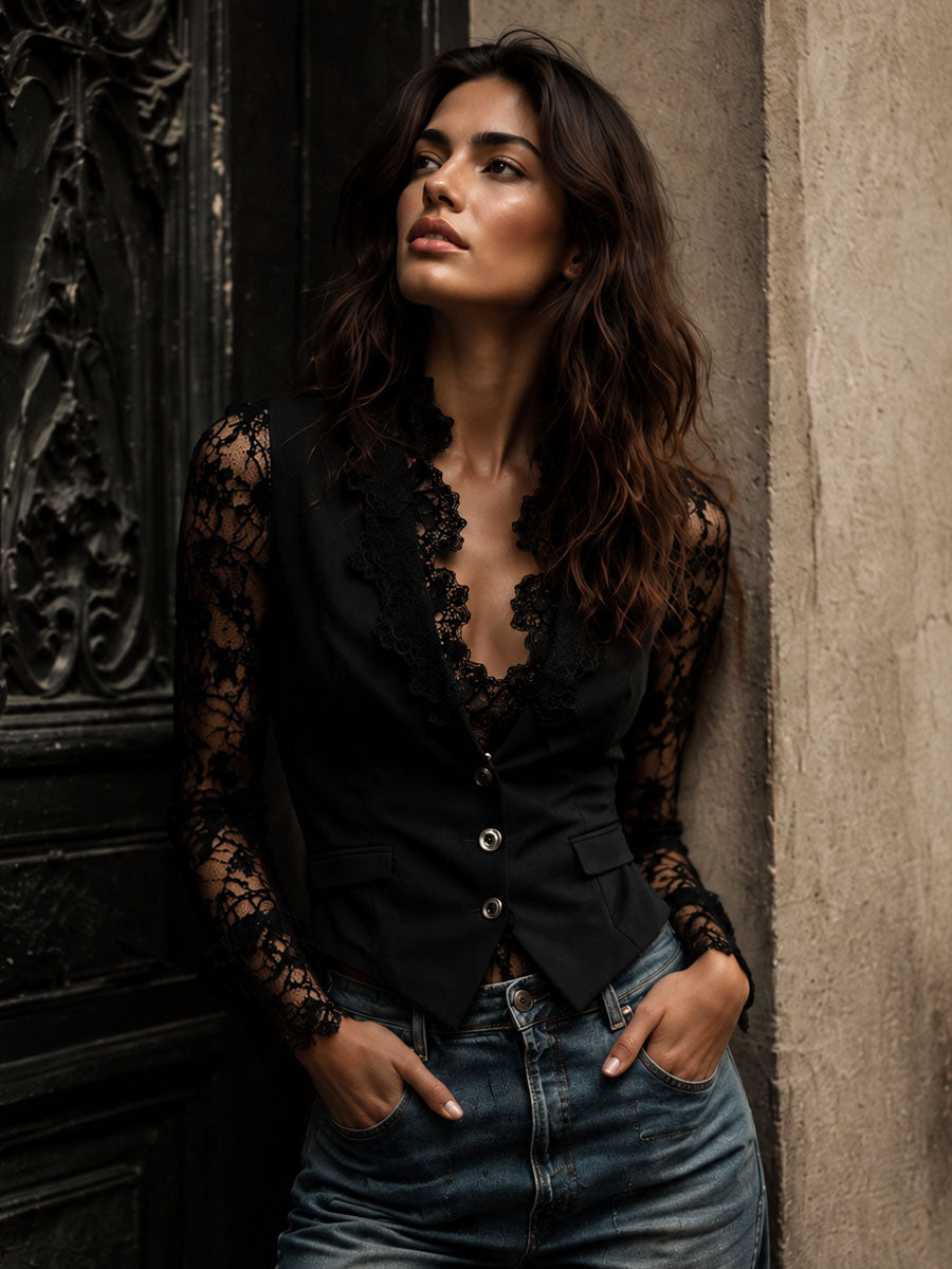 MAELYS - BLUSA NEGRA CON MANGAS SEMITRANSPARENTES