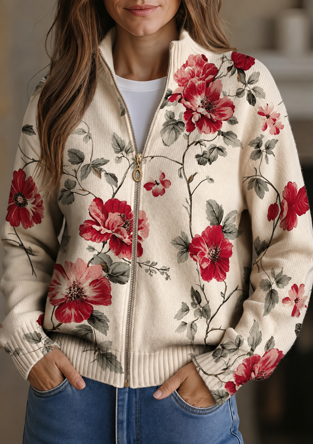WILHELMINE - CÁRDIGAN VINTAGE CON ESTAMPADO DE ROSAS Y CREMALLERA
