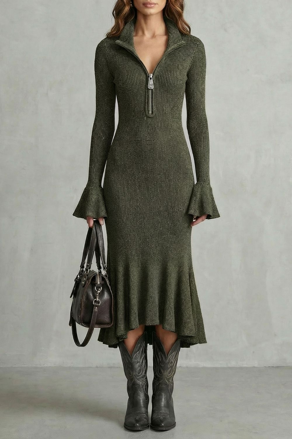 VELORIA - VESTIDO MIDI DE PUNTO CON MANGAS ACAMPANADAS