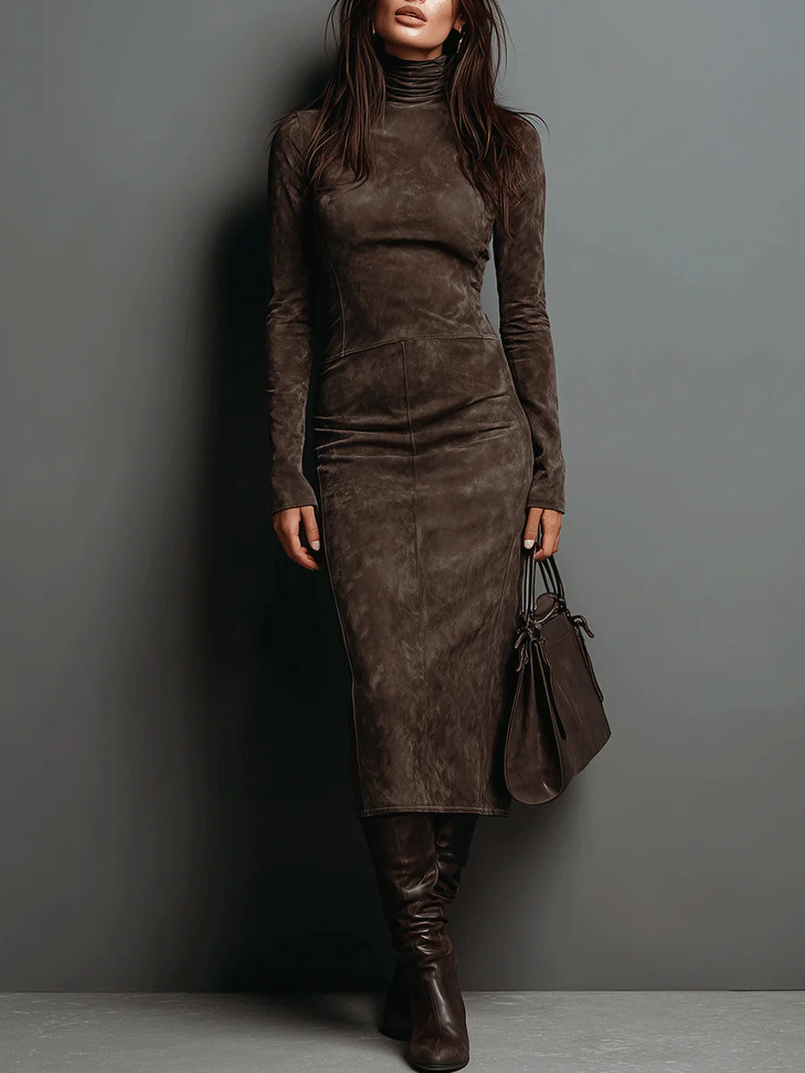 LORÈNE - VESTIDO MIDI EFECTO ANTE DE CUELLO ALTO