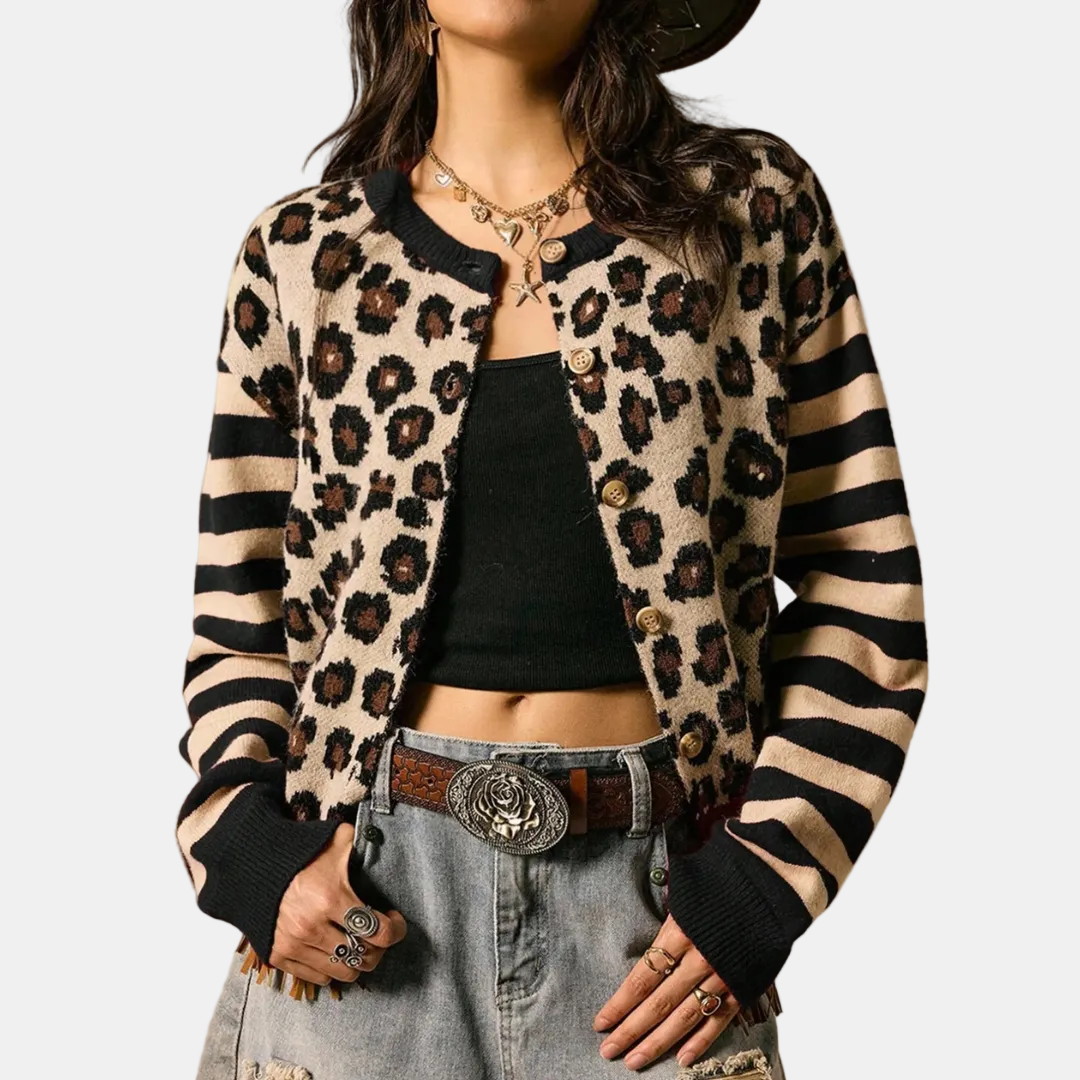 ODILE - CÁRDIGAN DE PUNTO ANIMAL PRINT CON MANGAS DE RAYAS