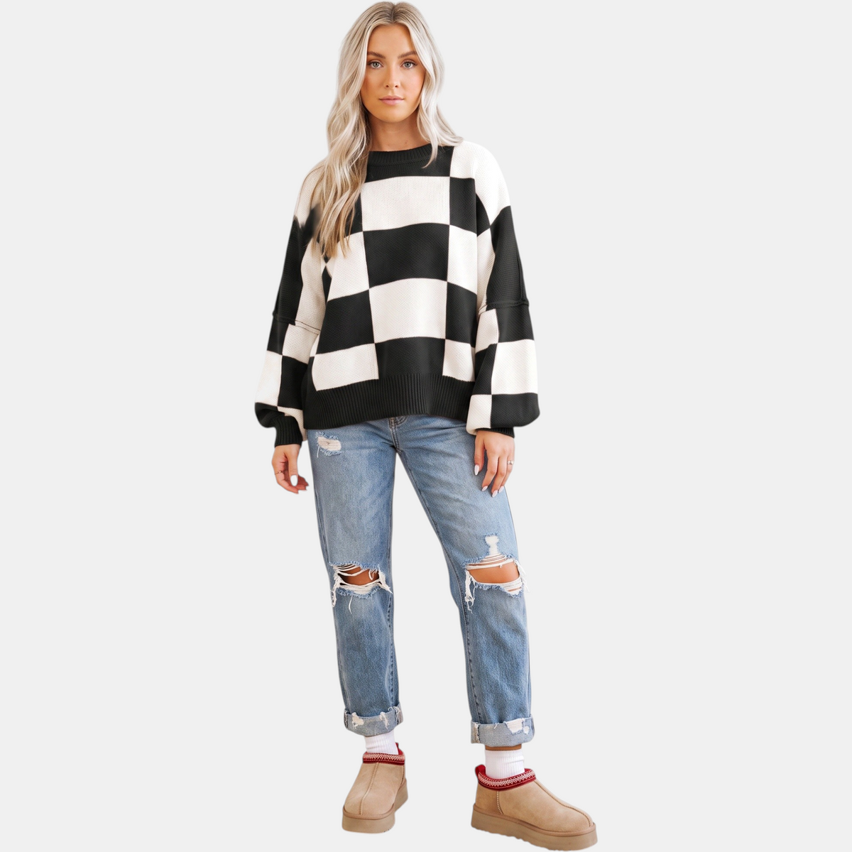 OTTILIA - JERSEY DE CUADROS CON MANGAS ABULLONADAS