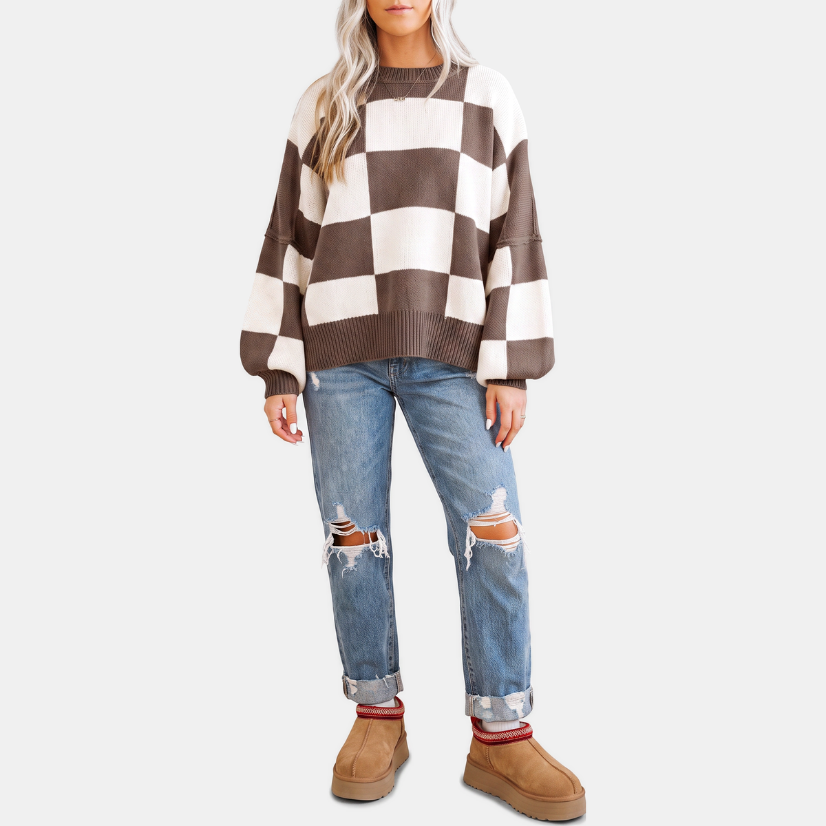 OTTILIA - JERSEY DE CUADROS CON MANGAS ABULLONADAS