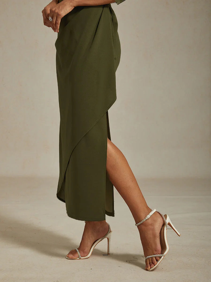 VESTIDO MIDI ENTALLADO CON DRAPEADO