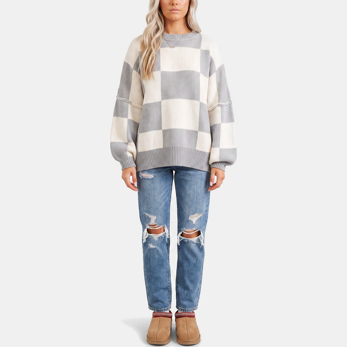 OTTILIA - JERSEY DE CUADROS CON MANGAS ABULLONADAS
