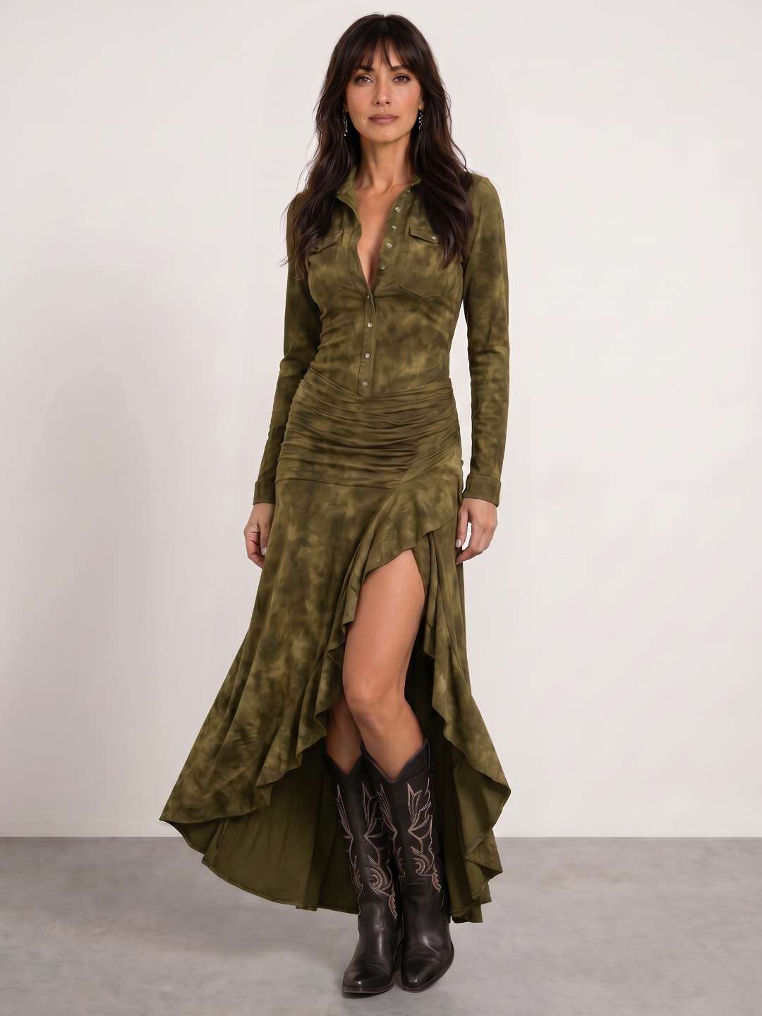 VESTIDO COWBOY MANGA LARGA CON VOLANTES