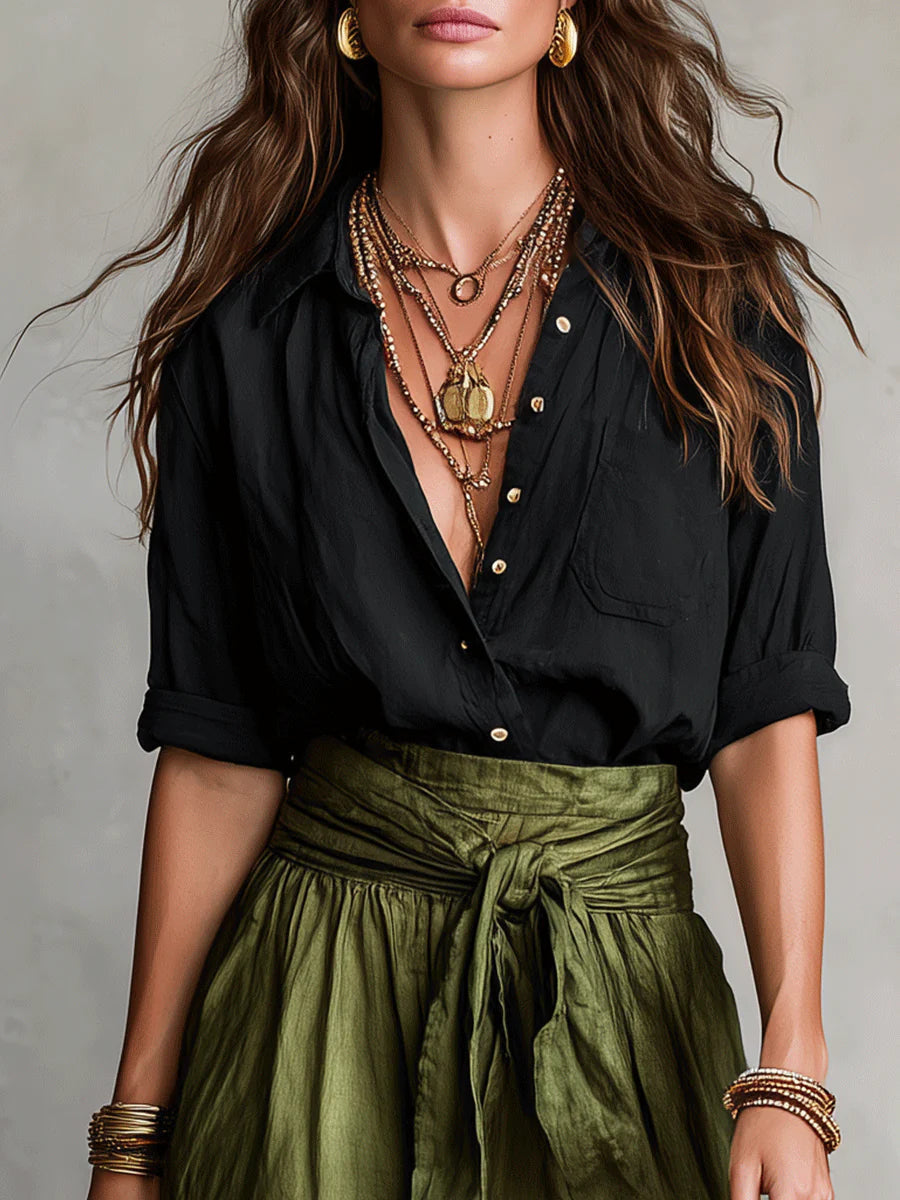 VERA - CONJUNTO DE DOS PIEZAS CON FALDA MIDI VERDE OLIVA