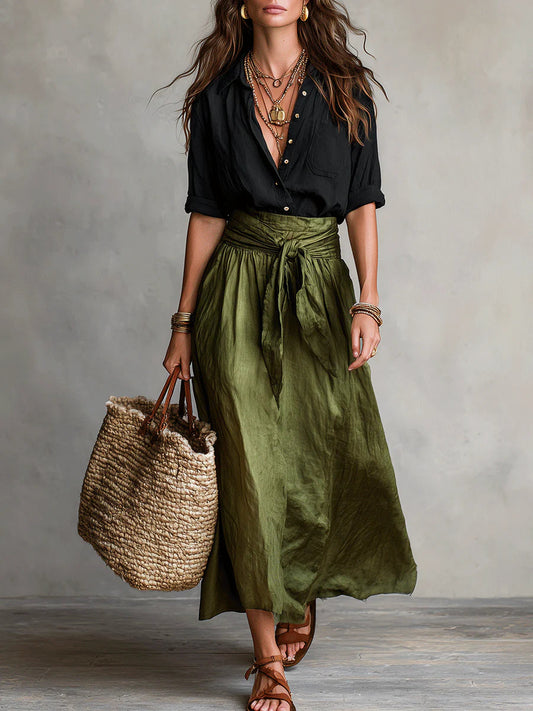 VERA - CONJUNTO DE DOS PIEZAS CON FALDA MIDI VERDE OLIVA