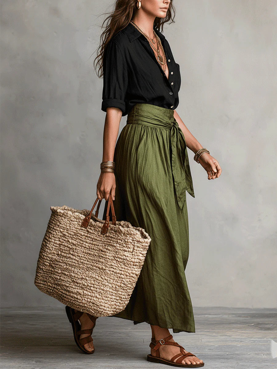 VERA - CONJUNTO DE DOS PIEZAS CON FALDA MIDI VERDE OLIVA
