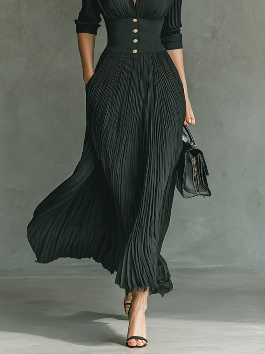 ELVIRE - VESTIDO LARGO PLISADO CON CUELLO DE SOLAPA Y CINTURÓN