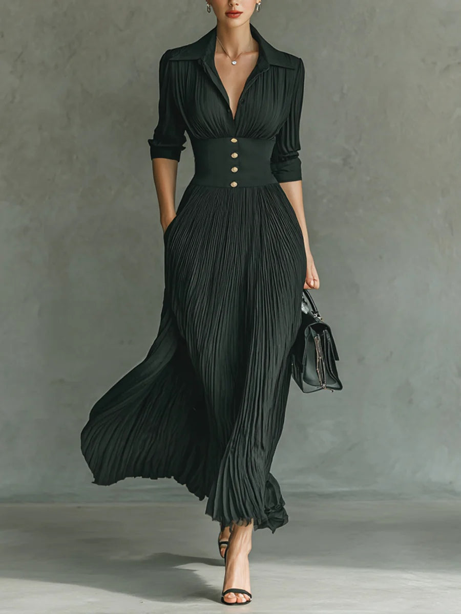ELVIRE - VESTIDO LARGO PLISADO CON CUELLO DE SOLAPA Y CINTURÓN